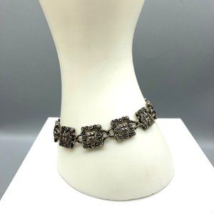 Vintage Marcasite Link Bracelet with Lacy Filigree Squares in Silver Tone